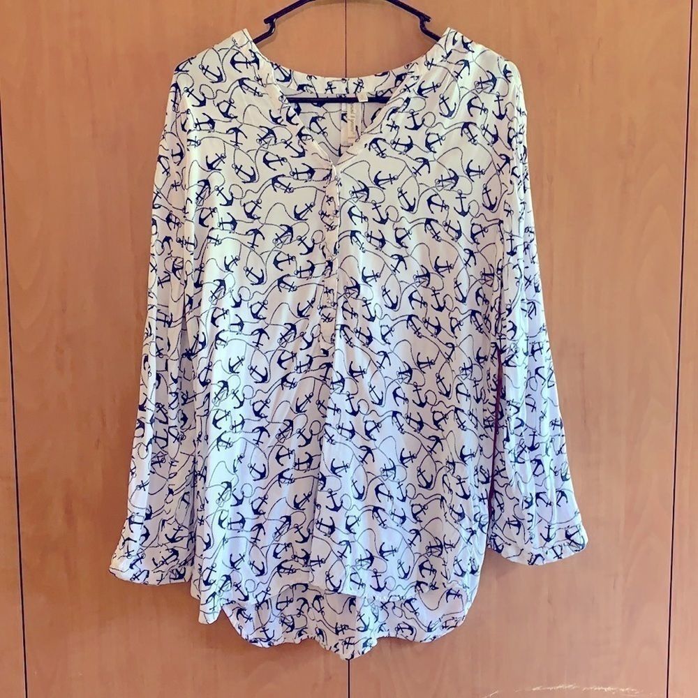 Grand & Greene L white Blue anchor long sleeve top